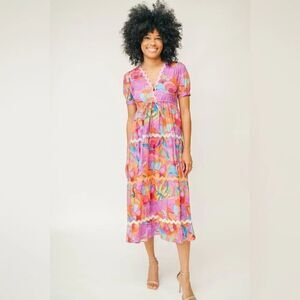 Marié Victoria Dunn Pink and Orange Puff Sleeve Maxi Dress